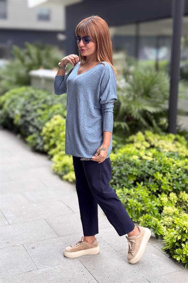 V Yaka Basic Triko Mavi Renk