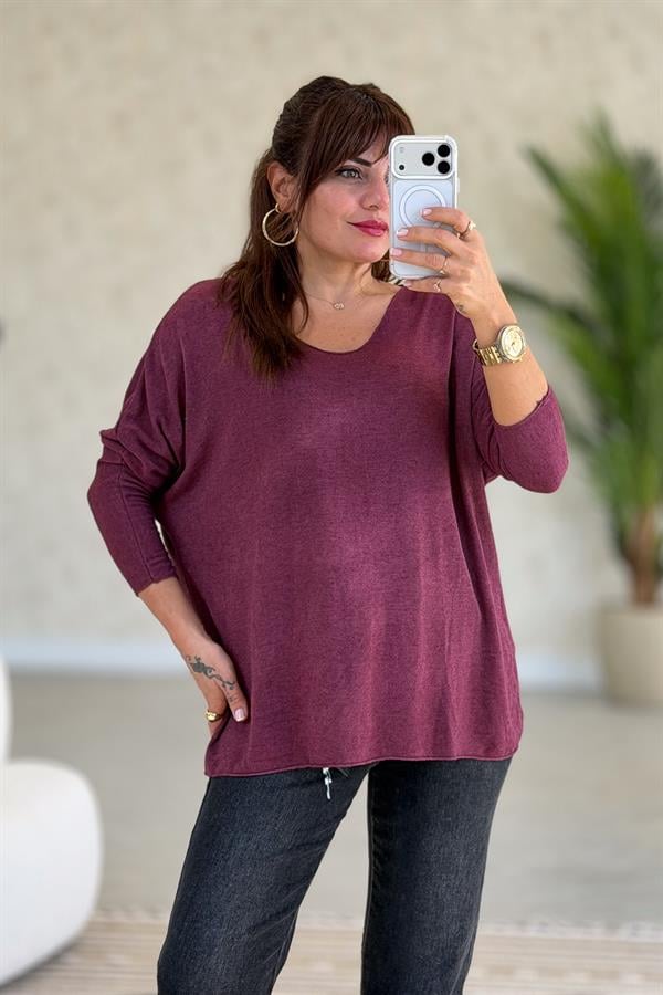 V Yaka Basic Triko Mürdüm Renk