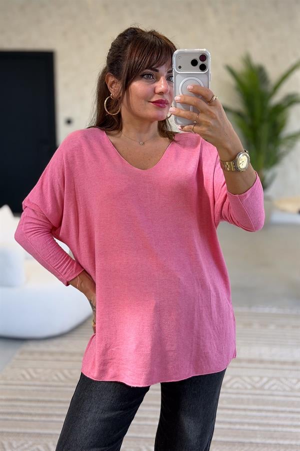 V Yaka Basic Triko Pembe Renk