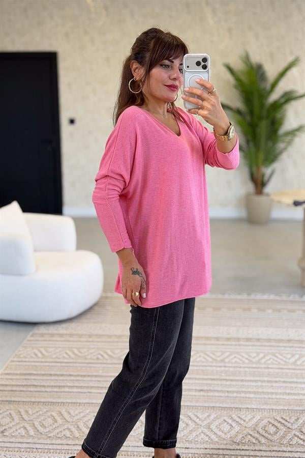 V Yaka Basic Triko Pembe Renk