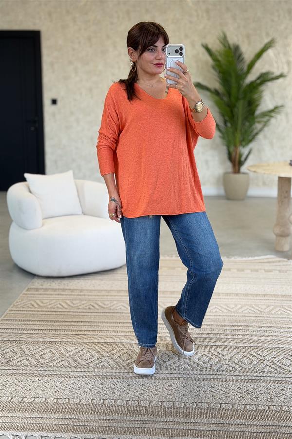 V Yaka Basic Triko Turuncu Renk