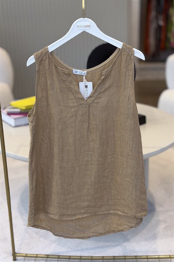 V Yaka Kolsuz Keten Bluz Camel RenkBLUZ