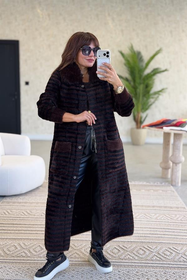 Yaka Kürklü Uzun Boy Çizgili Angora Kaban Acı Kahve Renk