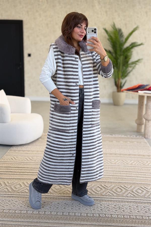 Yaka Kürklü Uzun Boy Çizgili Angora Kaban Lila Renk