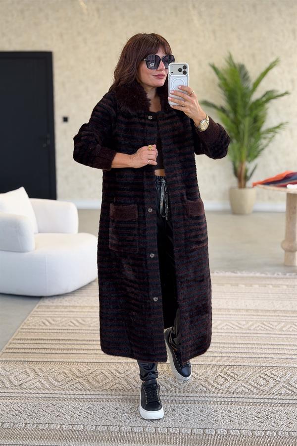 Yaka Kürklü Uzun Boy Çizgili Angora Kaban Acı Kahve Renk