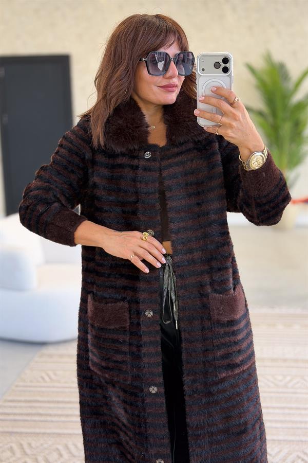 Yaka Kürklü Uzun Boy Çizgili Angora Kaban Acı Kahve Renk