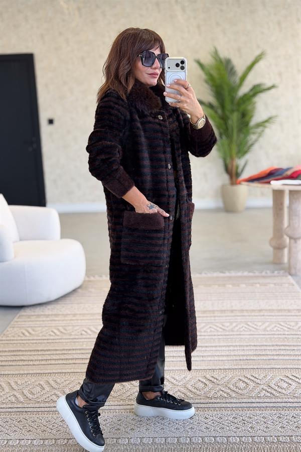 Yaka Kürklü Uzun Boy Çizgili Angora Kaban Acı Kahve Renk