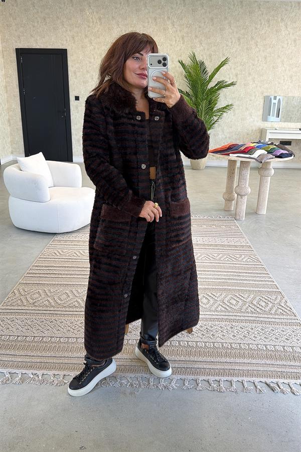 Yaka Kürklü Uzun Boy Çizgili Angora Kaban Acı Kahve Renk