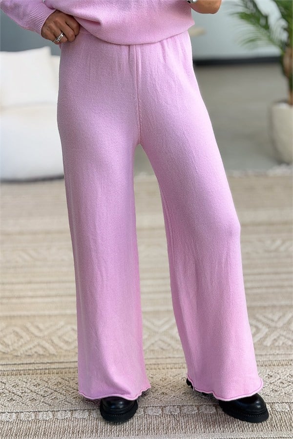 Yakalı Bluz Ve Pantolonlu Alt Üst Dar Kalıplı Triko Takım Pembe Renk