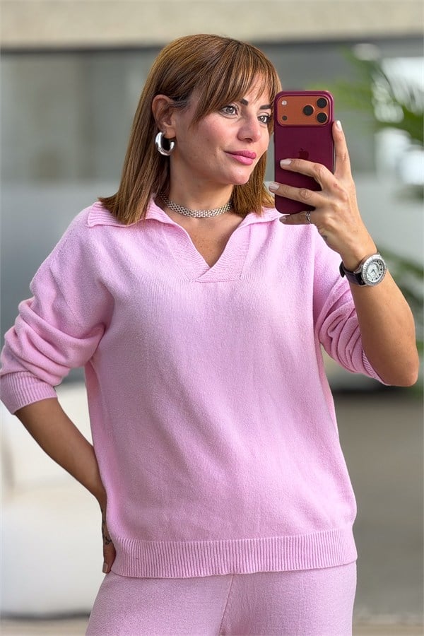 Yakalı Bluz Ve Pantolonlu Alt Üst Dar Kalıplı Triko Takım Pembe Renk