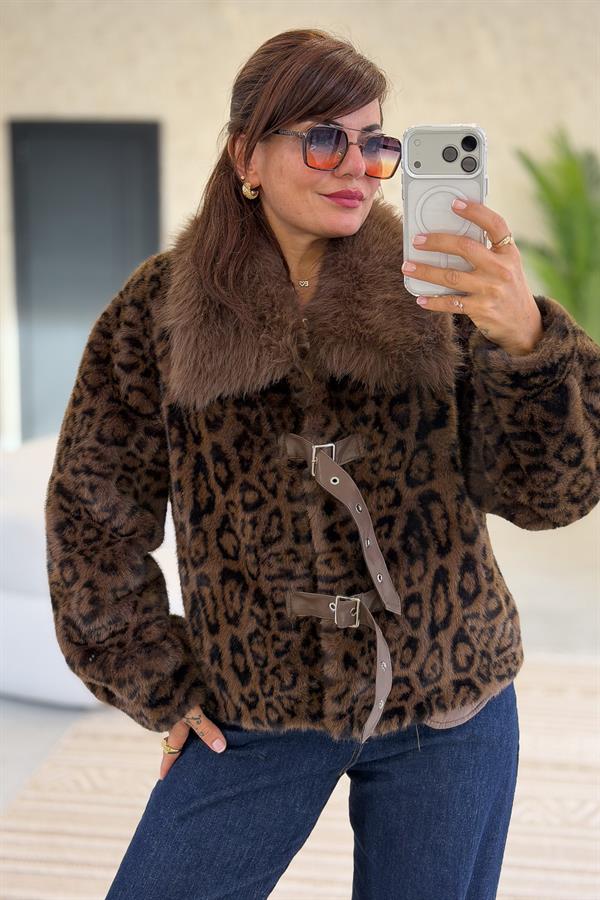 Yakası Kürklü Leopar Desen Kısa Kürk Kahverengi Renk