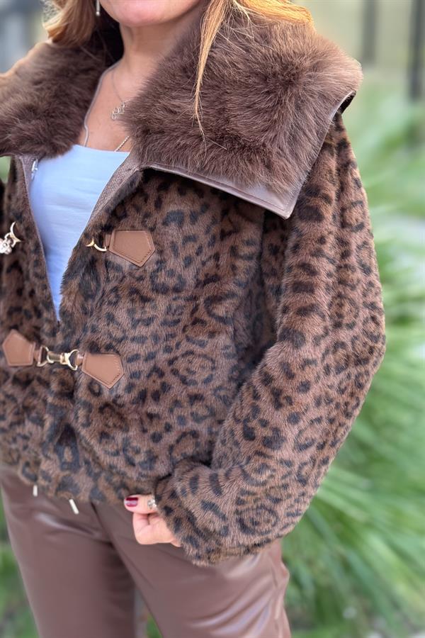 Yakası Kürklü Leopar Desen Kürk Kahverengi Renk