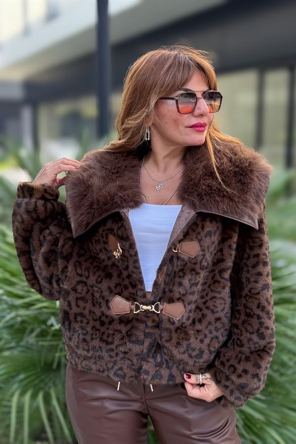 Yakası Kürklü Leopar Desen Kürk Kahverengi Renk