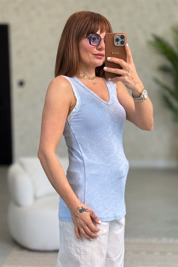 Yakası Pullu Fitilli Kolsuz Badi Bebe Mavi Renk