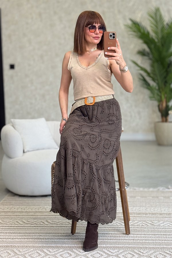 Yakası Pullu Fitilli Kolsuz Badi Camel Renk