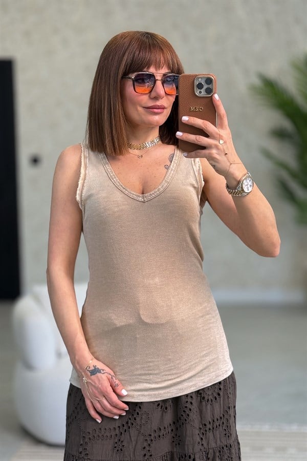 Yakası Pullu Fitilli Kolsuz Badi Camel Renk