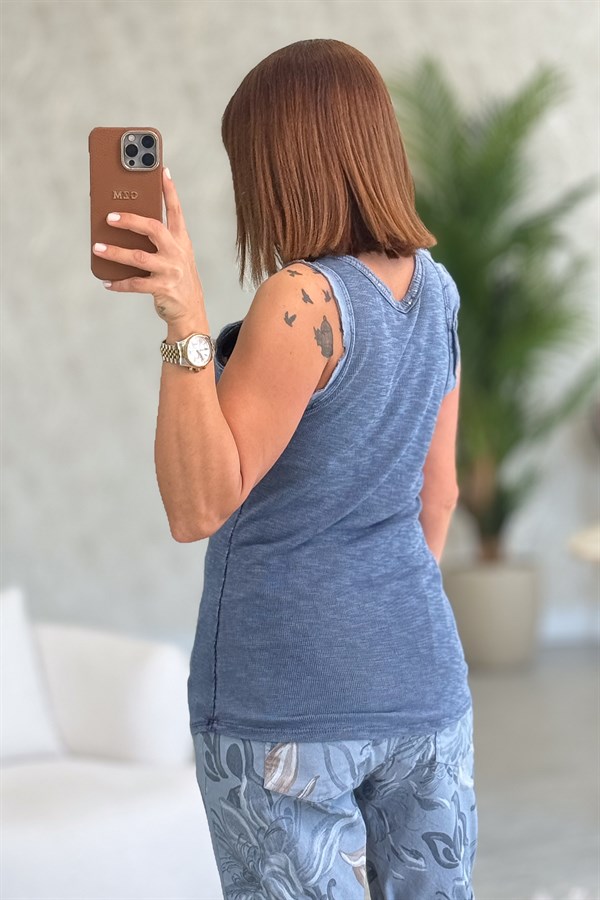 Yakası Pullu Fitilli Kolsuz Badi İndigo Renk