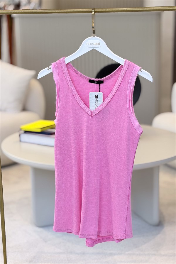 Yakası Pullu Fitilli Kolsuz Badi Pembe Renk