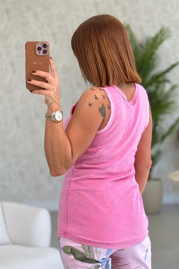 Yakası Pullu Fitilli Kolsuz Badi Pembe Renk