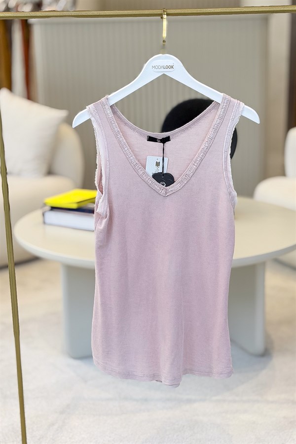 Yakası Pullu Fitilli Kolsuz Badi Pudra Renk