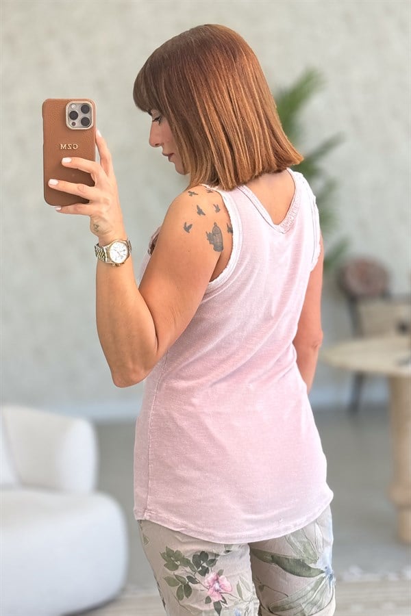 Yakası Pullu Fitilli Kolsuz Badi Pudra Renk