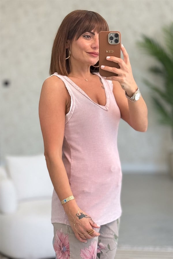 Yakası Pullu Fitilli Kolsuz Badi Pudra Renk