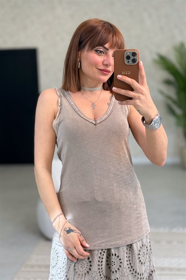 Yakası Pullu Fitilli Kolsuz Badi Vizon Renk