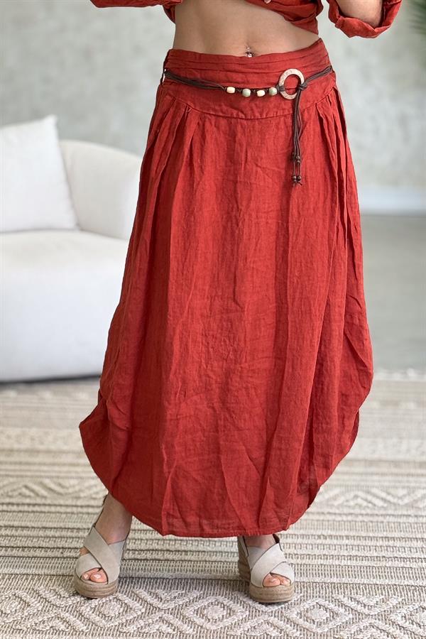 Yanları Büzgü Detaylı Kemerli Keten Etek Kiremit Renk