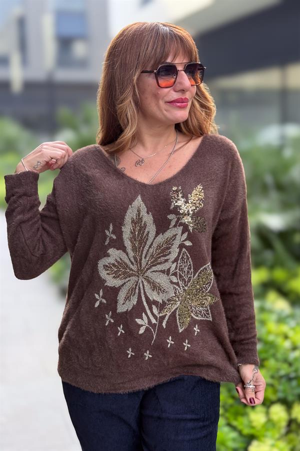 Yaprak Desenli V Yaka Angora Kazak Acı Kahve Renk