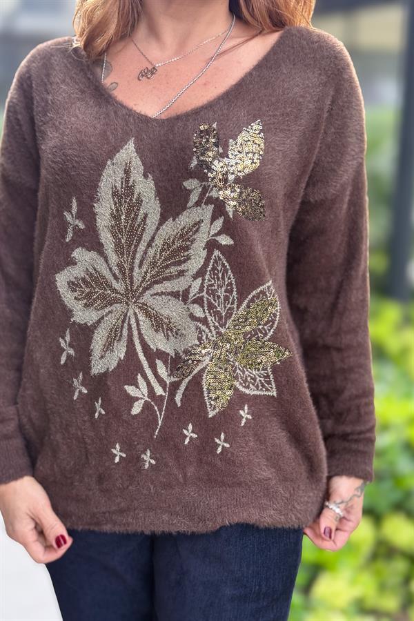 Yaprak Desenli V Yaka Angora Kazak Acı Kahve Renk