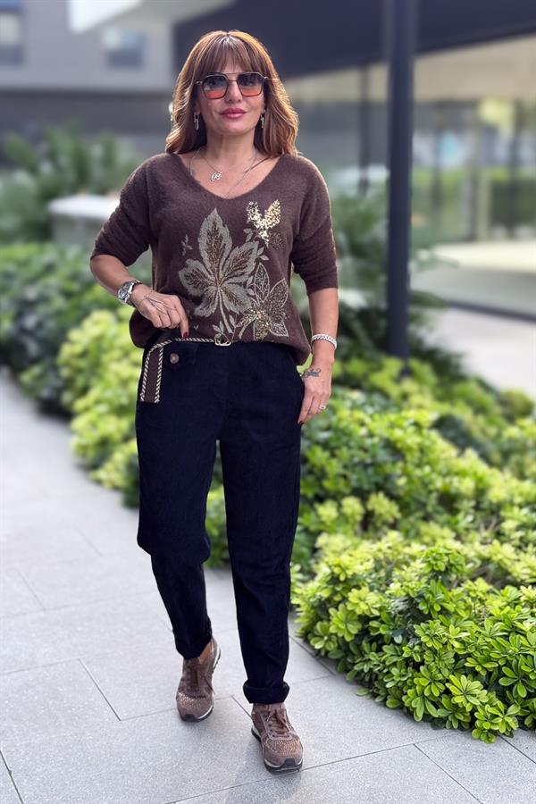 Yaprak Desenli V Yaka Angora Kazak Acı Kahve Renk