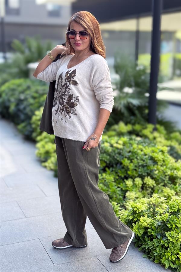 Yaprak Desenli V Yaka Angora Kazak Bej Renk