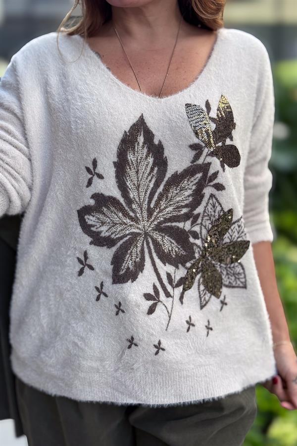 Yaprak Desenli V Yaka Angora Kazak Bej Renk