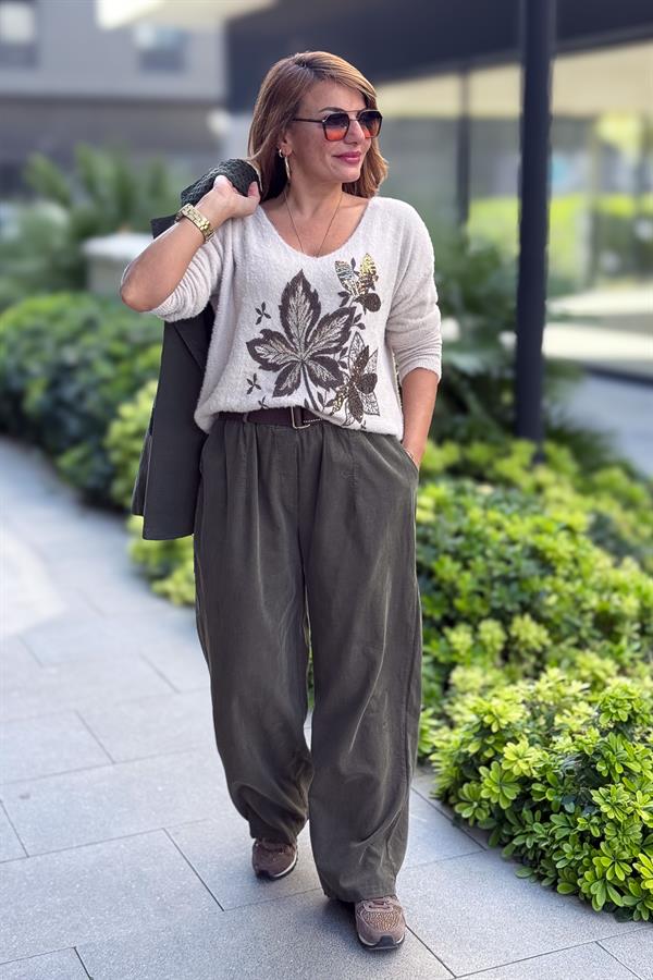 Yaprak Desenli V Yaka Angora Kazak Bej Renk