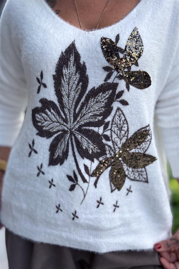 Yaprak Desenli V Yaka Angora Kazak Beyaz Renk