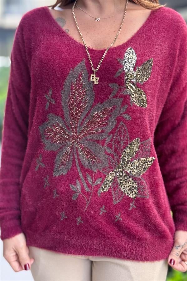 Yaprak Desenli V Yaka Angora Kazak Bordo Renk