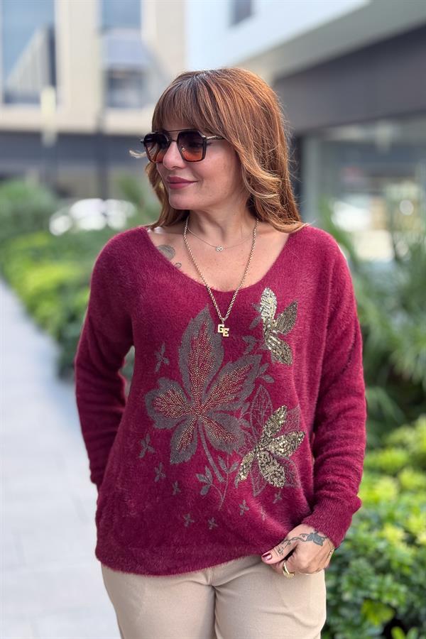 Yaprak Desenli V Yaka Angora Kazak Bordo Renk