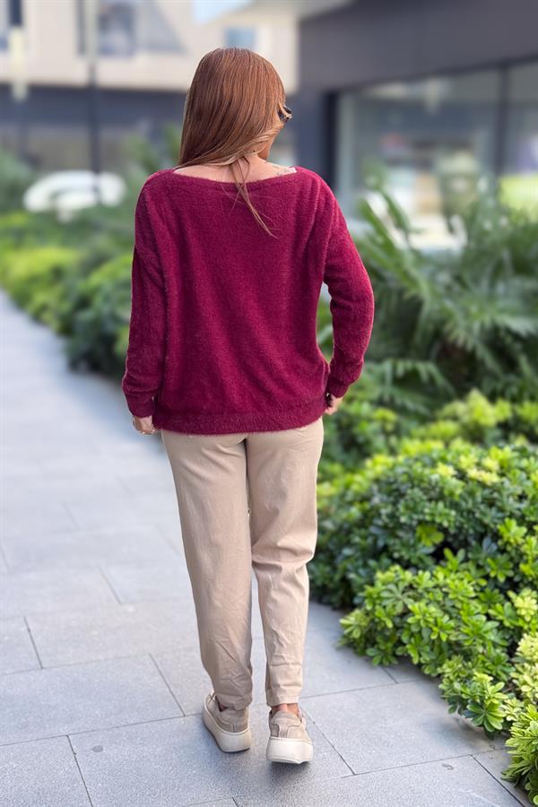 Yaprak Desenli V Yaka Angora Kazak Bordo Renk