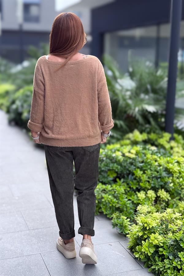 Yaprak Desenli V Yaka Angora Kazak Camel Renk