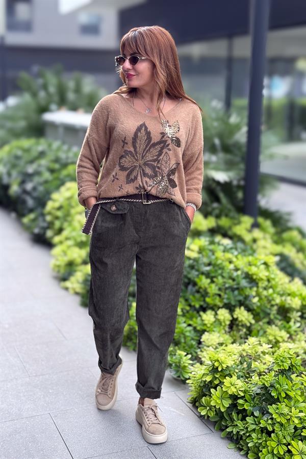Yaprak Desenli V Yaka Angora Kazak Camel Renk