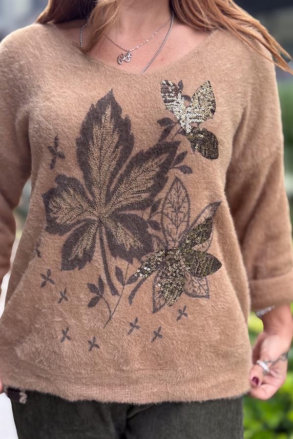 Yaprak Desenli V Yaka Angora Kazak Camel Renk