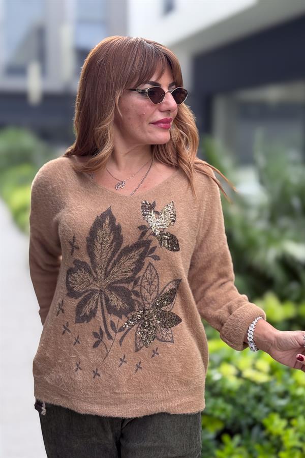 Yaprak Desenli V Yaka Angora Kazak Camel Renk