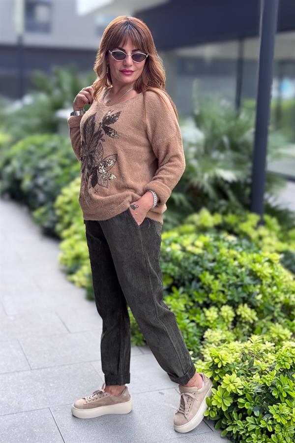 Yaprak Desenli V Yaka Angora Kazak Camel Renk