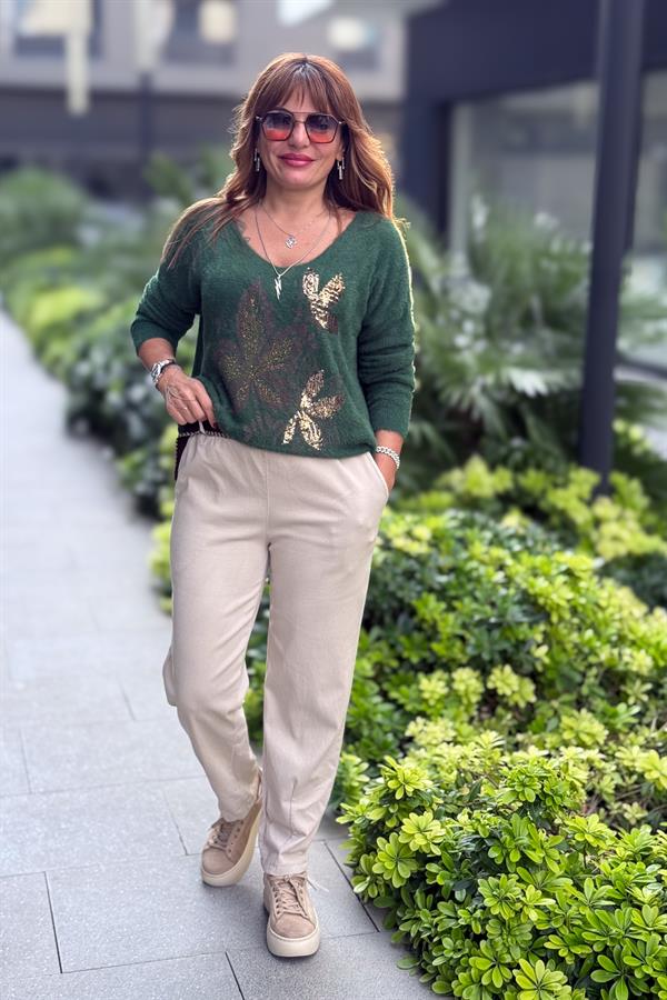 Yaprak Desenli V Yaka Angora Kazak Nefti Yeşil Renk