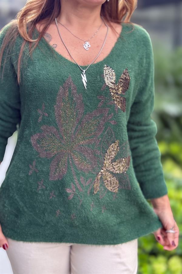 Yaprak Desenli V Yaka Angora Kazak Nefti Yeşil Renk