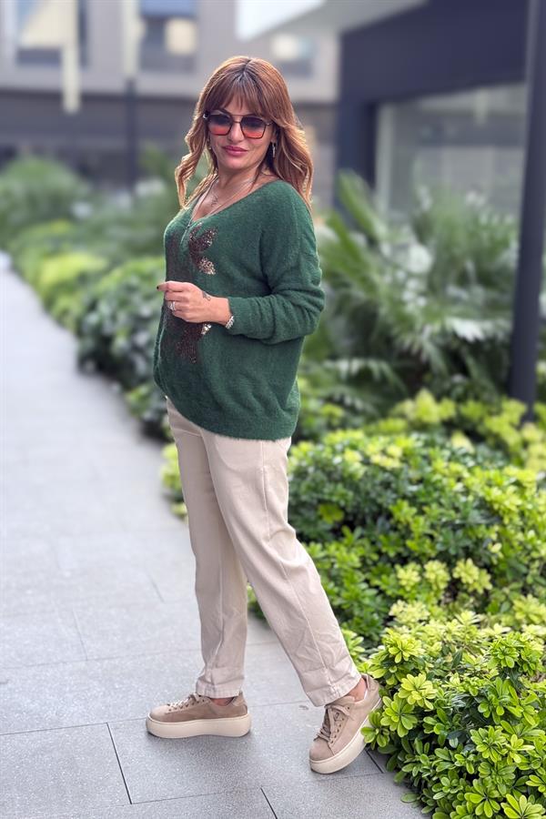 Yaprak Desenli V Yaka Angora Kazak Nefti Yeşil Renk