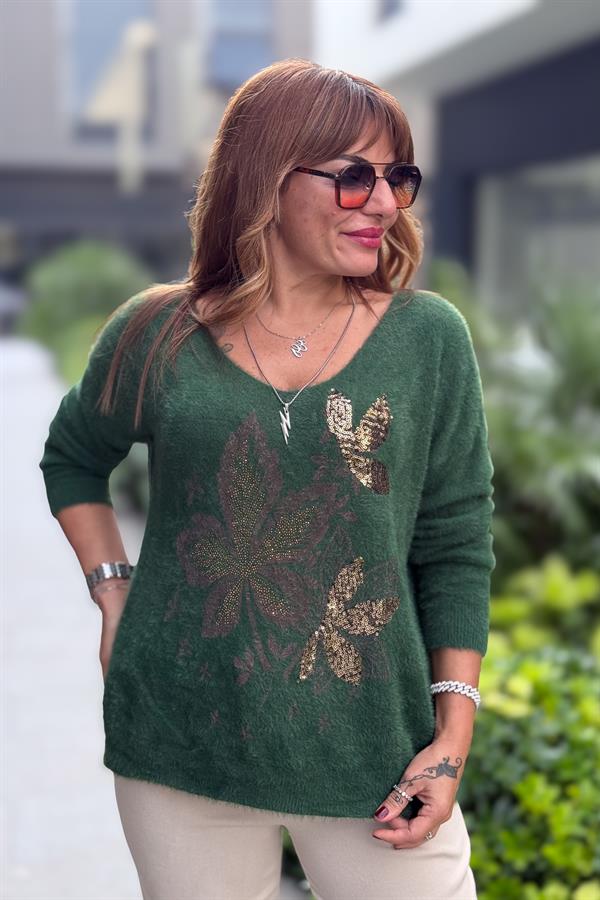 Yaprak Desenli V Yaka Angora Kazak Nefti Yeşil Renk