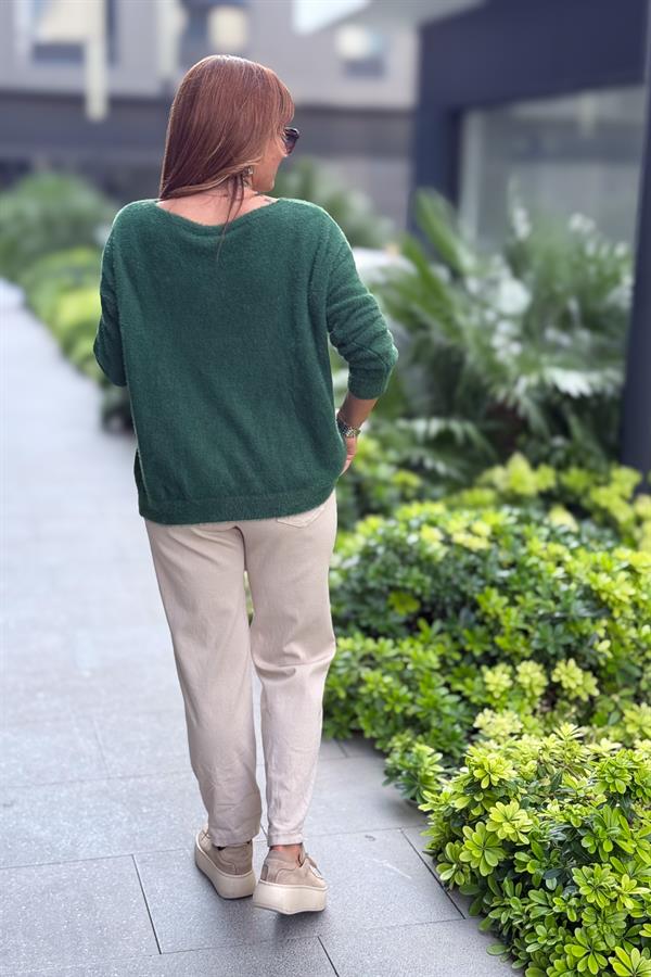 Yaprak Desenli V Yaka Angora Kazak Nefti Yeşil Renk