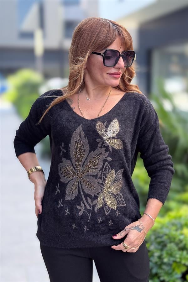 Yaprak Desenli V Yaka Angora Kazak Siyah Renk