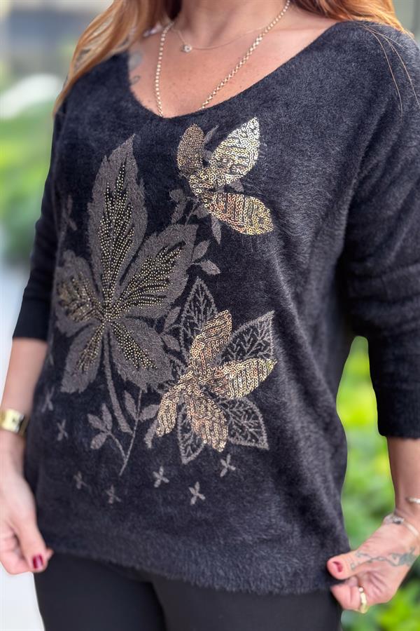 Yaprak Desenli V Yaka Angora Kazak Siyah Renk